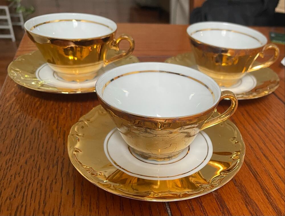 Set of 3 ST Bavaria Germany Gold Demitasse Cups & Saucers 24K Gold Porcelain 60s